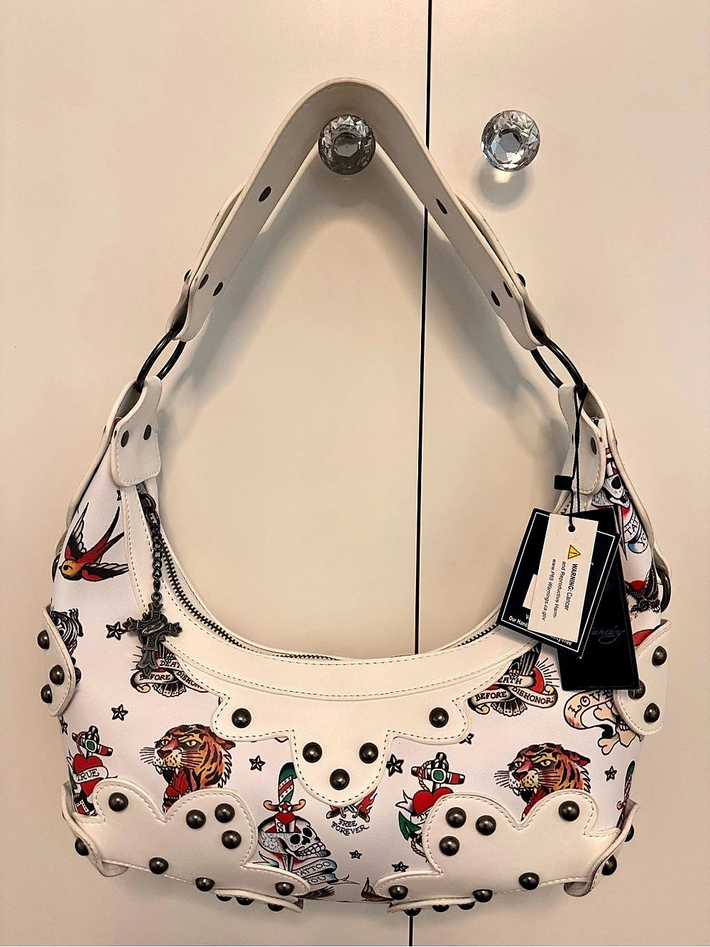 Ed Hardy White Studded Graphic Shoulder Bag NWT